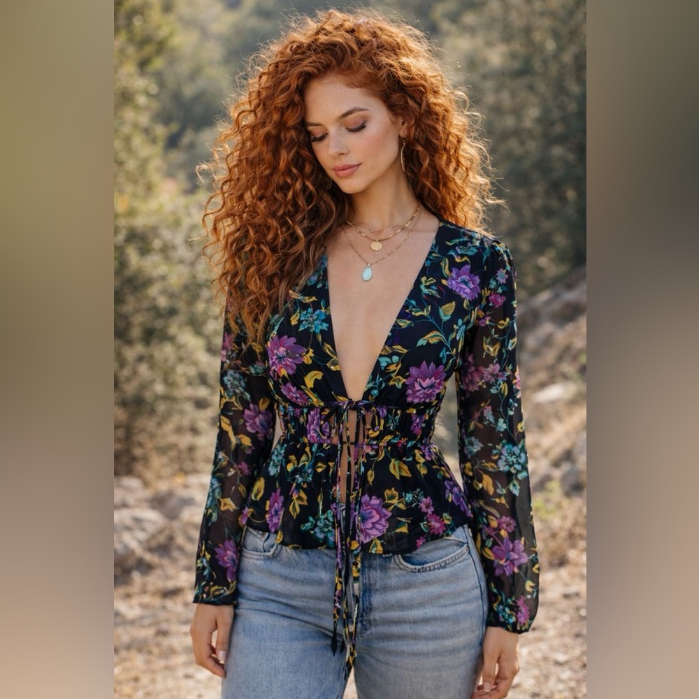 WAYF Floral Chiffon‎ Boho Tie Front Top XS Long Sleeve V-Neck